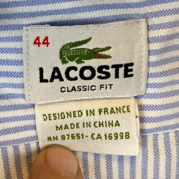 Lacoste Mens Dress Shirt Size XL 17 Neck Classic Fit Long Sleeve Blue Striped Fo - Picture 5 of 12